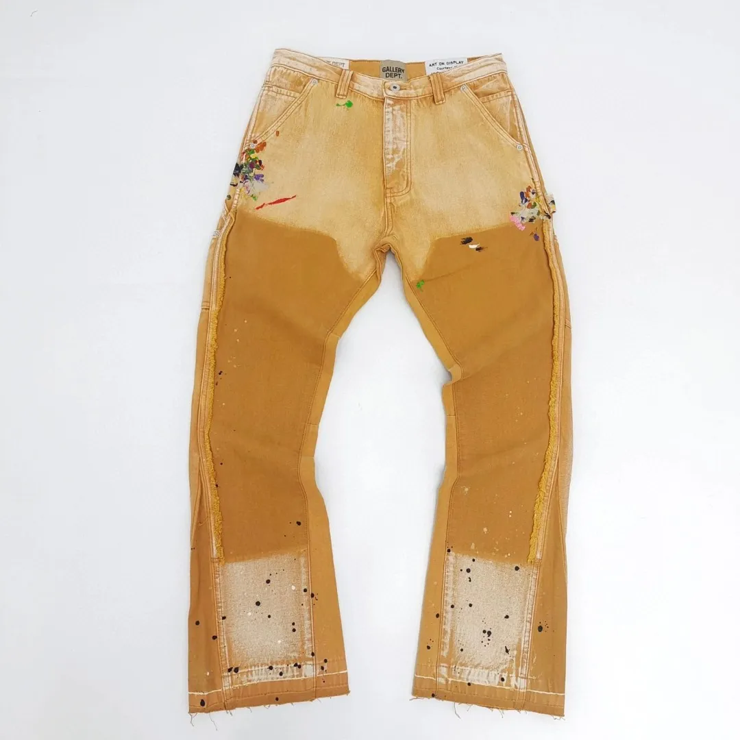 #8129 P250💰 GALLERY DEPT American retro splash-ink splicing micro-horn logging overalls raw edge jeans - Original purchase and pattern making to truly restore the ultimate texture of Vintage - Original hardware accessories, washed and other elevators, QR code analysis are all purchased from the original factory, high degree of restoration, welcome to compare with a certain product~ - Three-dimensional version Loose and comfortable, not picky about the figure, taller and slimmer, factory Seiko, original factory quality control, same style for men and women, can be matched with couples Versatile recommendation: must-have jeans for all seasons Size: S-XXL (28-36)